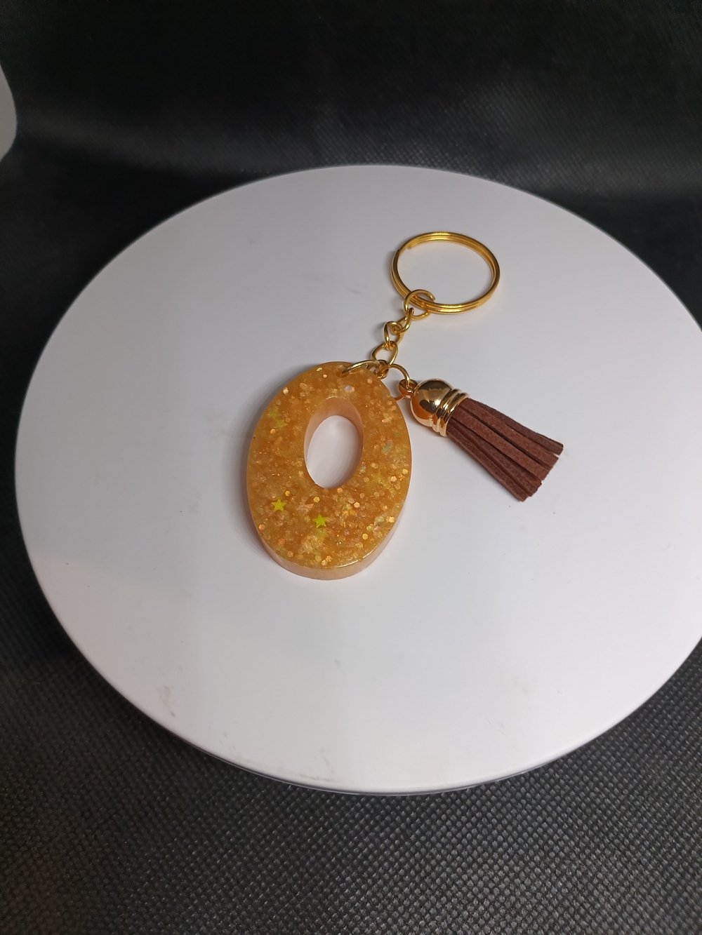 Gold Glitter Resin O-Shaped Keychain with Brown Tassel - Women's Accessory